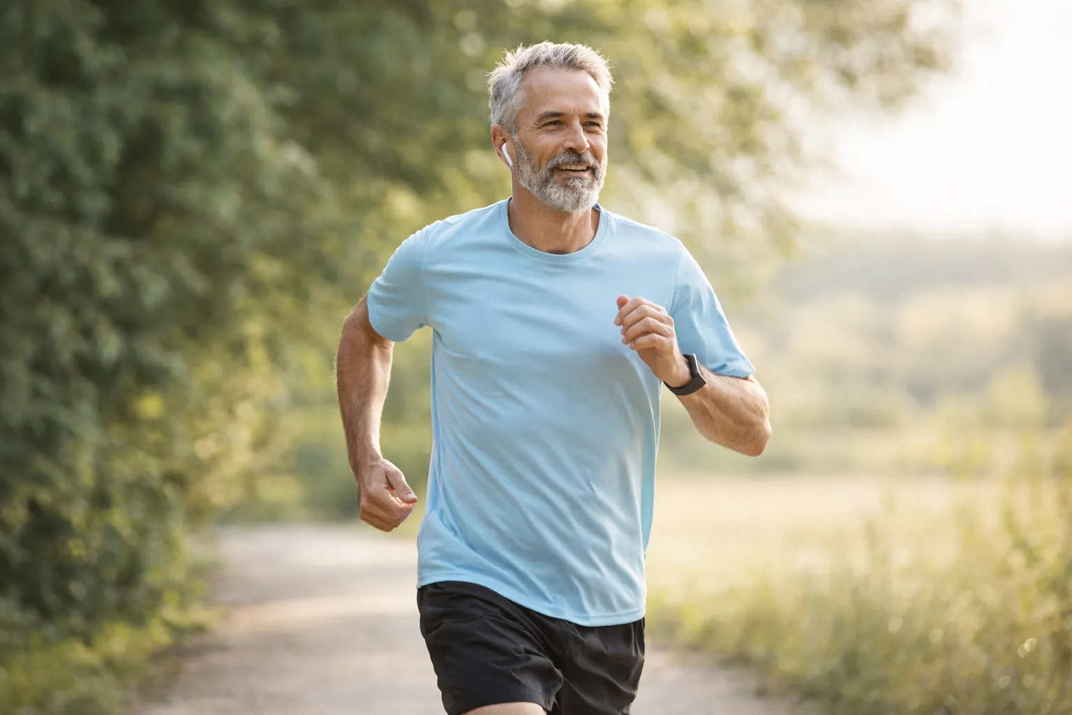 Active middle-aged man jogging outdoors with improved joint comfort after using TheraWolf balm