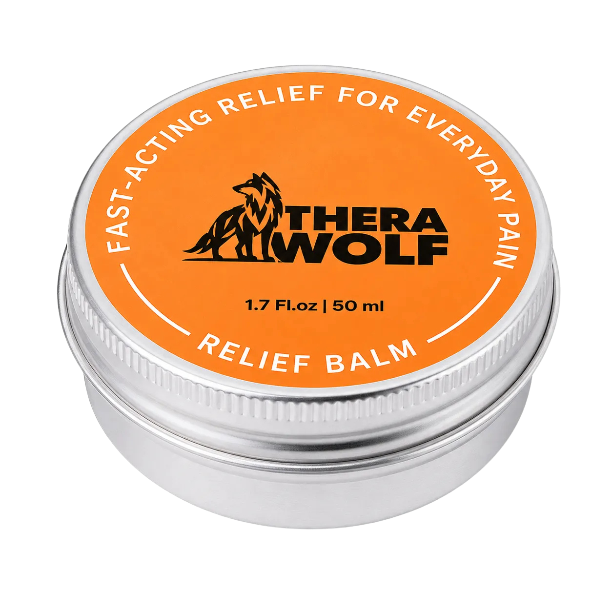 TheraWolf relief balm tin with orange label for everyday joint and muscle discomfort support