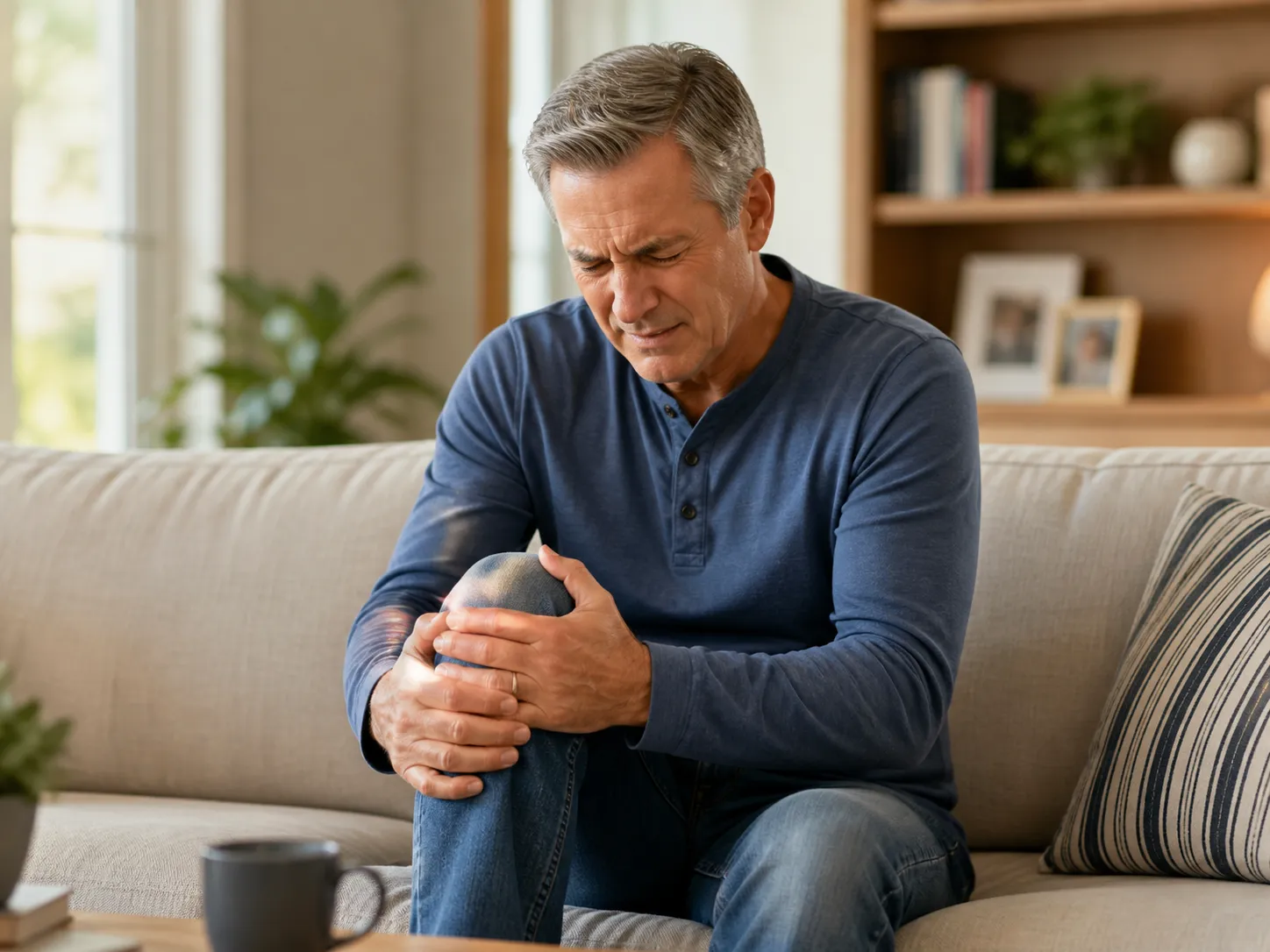 Middle-aged man holding his knee at home before using TheraWolf natural relief balm for joint discomfort